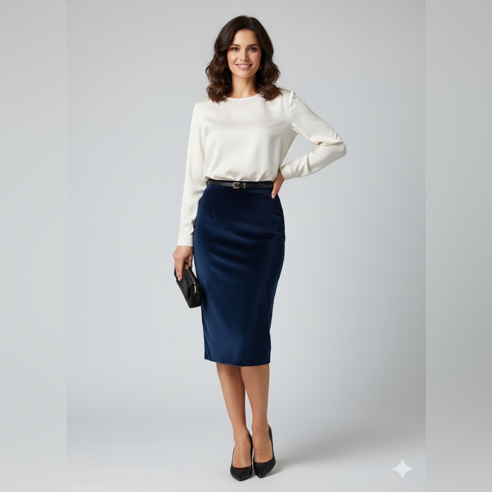 Ron Herman Elegant Navy Blue Pencil Skirt Velvet Fitted Sexy Midi Length Classic